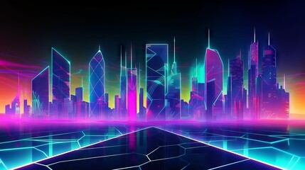 A futuristic cityscape with neon lights and holograms, with copyspace in the glowing sky. Generative ai.