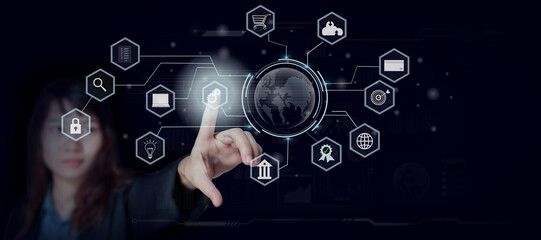 Businessman working with laptop computer with icons 