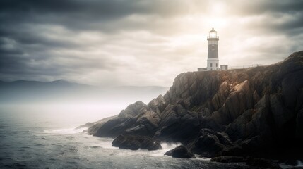 Fototapeta premium A majestic lighthouse guiding ships along a rocky coastline, with copyspace in the sweeping beam of light. Generative ai.