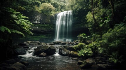 A majestic waterfall surrounded by lush greenery, with copyspace in the cascading water. Generative ai.