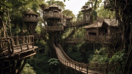 A massive treehouse village interconnected with rope bridges, with copyspace in the leafy canopy. Generative ai.