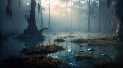 A mysterious, foggy swamp filled with whimsical will-o'-the-wisps, with copyspace in the mist. Generative ai.
