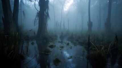 A mysterious, foggy swamp filled with whimsical will-o'-the-wisps, with copyspace in the mist. Generative ai. - obrazy, fototapety, plakaty