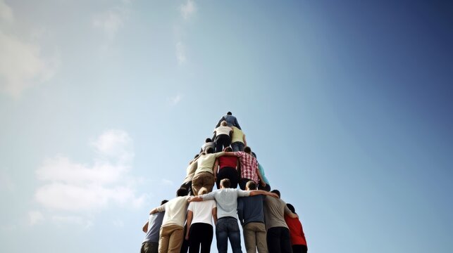 A group of diverse people forming a human pyramid, with copyspace above their heads Generative ai.
