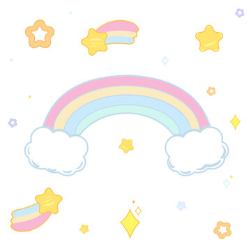 Set of Cute kawaii rainbows and clouds in cartoon style on the background of cute kawaii stars and flowers, baby elements for design wrappers, wallpapers, cards