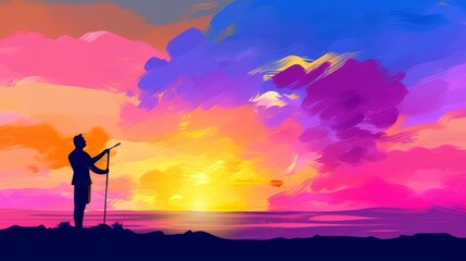 A whimsical image of a person painting the sunset with vibrant colors, with copyspace in the sky. Generative ai.