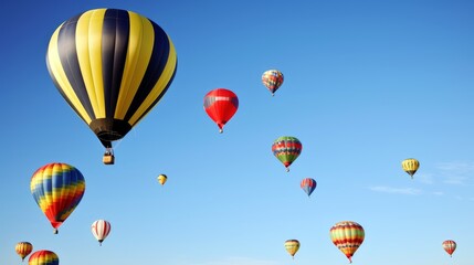 Obraz premium A whimsical hot air balloon festival, with copyspace in the clear blue sky. Generative ai.