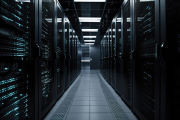 Big data center with server racks. Server room interior. Digital technology hardware. Created with Generative AI