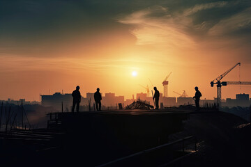 Naklejka premium Engineers silhouettes at construction site. Builder workers team at sunset. Urban infrastructure development. Created with Generative AI