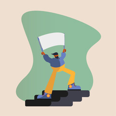 A man with a placard at a rally, in yellow trousers, a blue shirt and sneakers on the steps on a green background