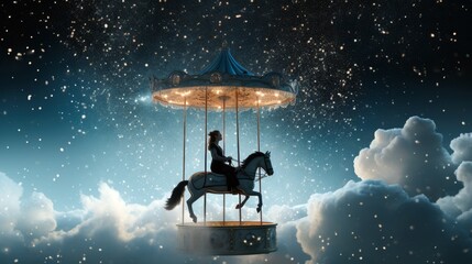 A whimsical scene of a person riding a carousel made of clouds and stardust, with copyspace in the sky. Generative ai.