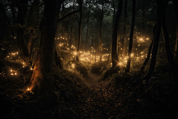 Magic fairy tale forest at night. Fantasy forest with glowing lights. Created with Generative AI