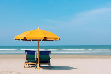 Two lounge chairs on tropical sea beach and umbrella. Summer vacation concept. Created with Generative AI