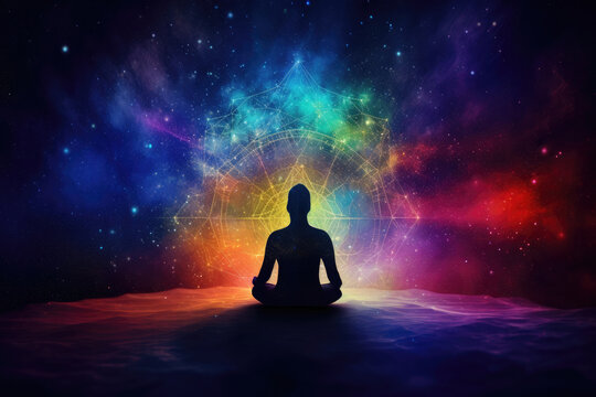 Silhouette of body meditate in lotus position on cosmic background. Spiritual awakening and positive energy of universe. Concept of communication with another world. Created with Generative AI