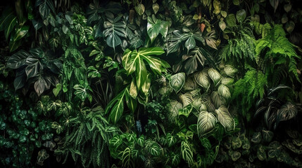 Fototapeta premium Wall of green plants. Natural background of tropical plants. Generative Ai