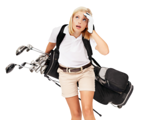 Sports, tired and exhausted woman with a golf bag and clubs isolated on a transparent, png background. Fitness, athlete and female golfer or player with heavy equipment for training or competition
