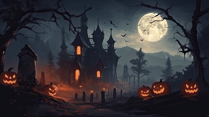 Beautiful painted concept of a Magical Halloween Scene with Jack o Lanterns (carved and lit pumpkins), Haunted Houses, Mist, Bats and the Moon, Generative AI