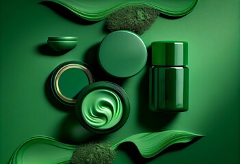 Cosmetic skin care product on green , top view. AI Generated