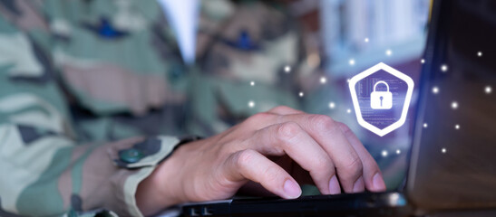 close up soldier man hand check authorization to access security data with virtual icon on laptop...