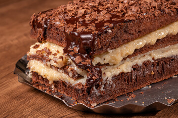 Chocolate cake with coconut and chocolate sauce