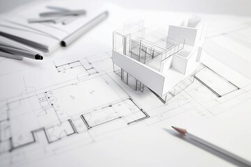 Zeichnung und Modell eines Hauses, Architektur Entwurf, Plan, Generative AI - obrazy, fototapety, plakaty