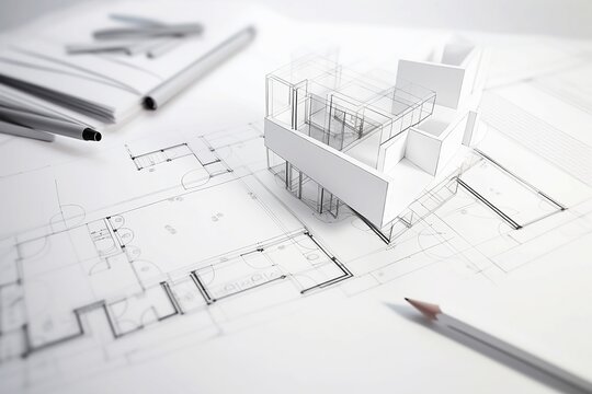 Zeichnung und Modell eines Hauses, Architektur Entwurf, Plan, Generative AI