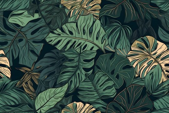 Seamless tropical leaf pattern. Trendy botanical illustration. Beautiful elegant monstera leaf pattern. For fabric, paper, and other design needs. Generative ai.