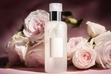 Obraz na płótnie Canvas Bottle of facial cleanser nestled in the midst of roses. AI generated