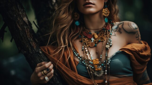 close up of a woman, dressed in boho style clothes and jewelry - ai-generated