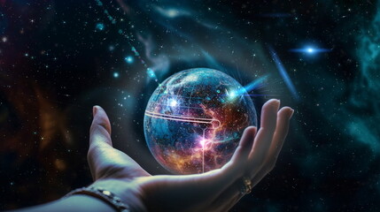 Obraz premium hand hold earth globe cosmic univerce starry flares planet concept generated ai