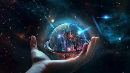 Fototapeta na wymiar hand hold earth globe cosmic univerce starry flares planet concept generated ai