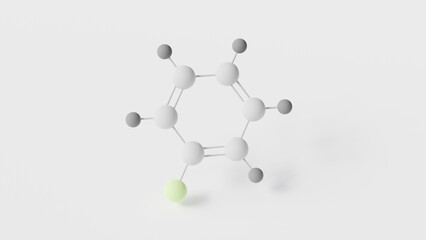 fluorobenzene molecule 3d, molecular structure, ball and stick model, structural chemical formula fluorophenyl