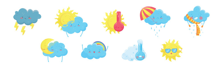 Cartoon Weather and Forecast with Cloud and Sun Expressing Emotion Vector Set