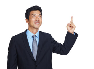 Happy businessman, finger or pointing up for finance investment, loan or insurance deal offer. Smile, hand or Asian worker showing marketing, logo or advertising while isolated on png background