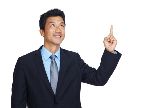 Happy businessman, finger or pointing up for finance investment, loan or insurance deal offer. Smile, hand or Asian worker showing marketing, logo or advertising while isolated on png background