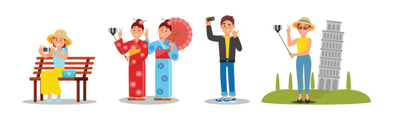 Young Man and Woman Holding Selfie Stick and Taking Photo Vector Illustration Set