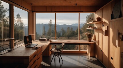 Stylish Home Office with Mountain Views and Sustainable Design Created using generative AI
