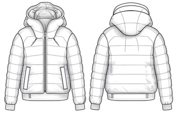 White Cropped puffer winter down coat. Women oversized quilting jacket. Technical sketch. Mockup template. Generative ai.