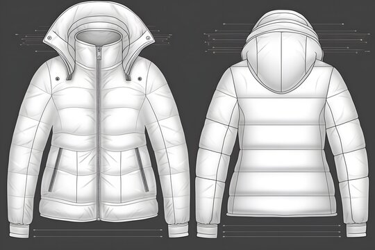 White Cropped Puffer Winter Down Coat. Women Oversized Quilting Jacket. Technical Sketch. Mockup Template. Generative Ai.