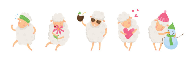 Funny Fluffy Sheep Character Engaged in Different Activity Vector Set