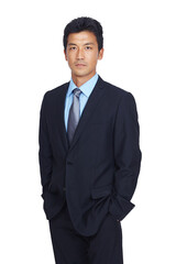 Portrait, serious Asian and business man standing isolated on a transparent png background. Confidence, professional and executive, person or assertive entrepreneur from Japan with hands in pocket.
