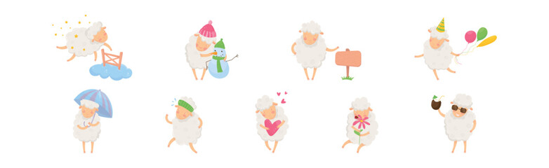 Funny Fluffy Sheep Character Engaged in Different Activity Vector Set