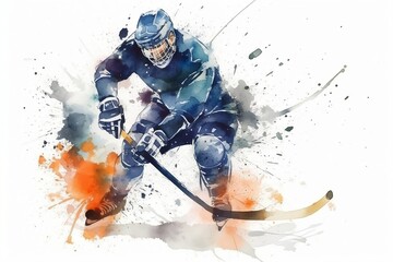 Fototapeta na wymiar ice hockey player hits the puck on a white background, watercolor style winter sport illustration. generative AI