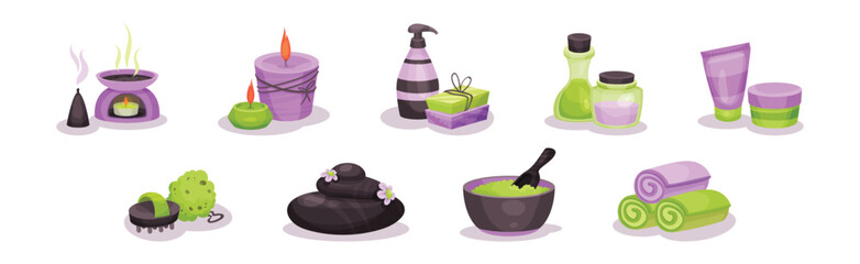 Spa and Aromatherapy with Candles and Cosmetic Cream Vector Set