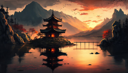 Digital painting fantasy painting of a chinese temple at sunset, digital illustration, illustration painting (ai generated) - obrazy, fototapety, plakaty
