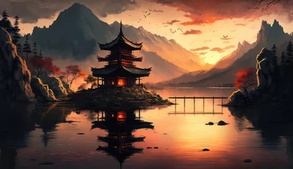 Papier Peint photo Lieu de culte Digital painting fantasy painting of a chinese temple at sunset, digital illustration, illustration painting (ai generated)