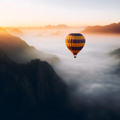 An otherworldly and dreamlike photograph of a hot air balloon floating over a misty mountain range at dawn