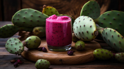 Fresh Opuntia Prickly Pear Smoothie on a Rustic Wooden Table