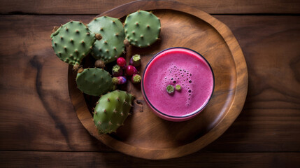 Fresh Opuntia Prickly Pear Smoothie on a Rustic Wooden Table