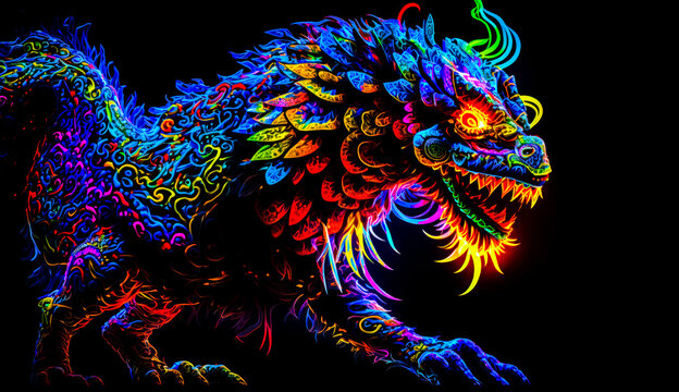 Colorful dragon on black background with black light in the background. Generative AI.
